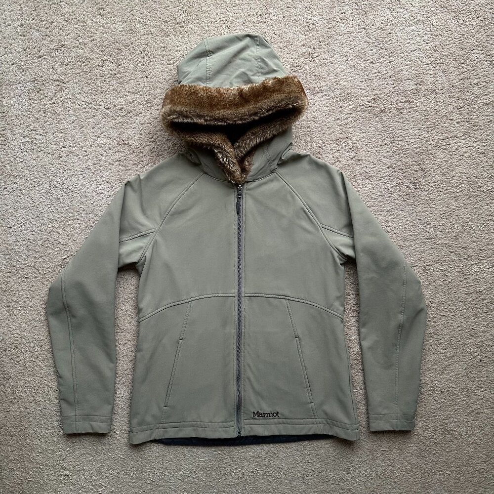 Marmot Jacket Womens Large Full Zip Parka Light Brown Pockets Faux Fur